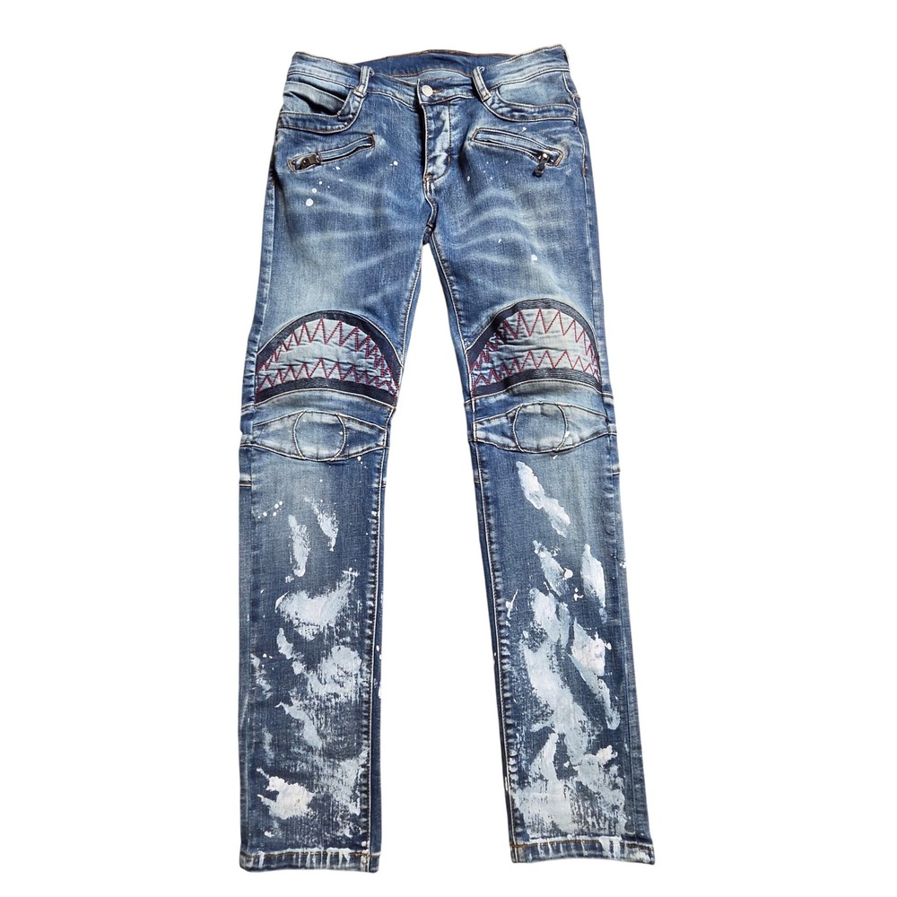 Dript Mens Paint Splatter Shark Embroidery Moto Jeans 32x32 Slim Fit Biker